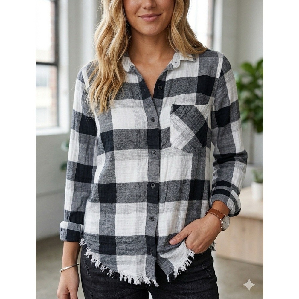 Cloth & Stone Black White Buffalo Check Gauze Shirt Distressed Frayed Hem S